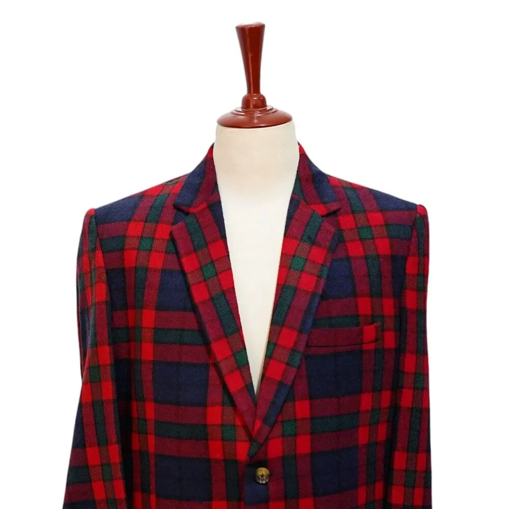 Mens Wool Sport Coat 44R Red Blue Green Tartan Plaid Blazer 2 Button Wedding